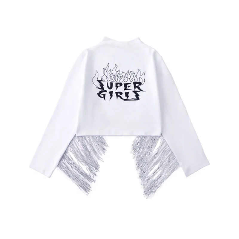 Abbigliamento Hip Hop per bambini Top corto con frange bianche T-shirt a maniche lunghe Pantaloncini con coulisse increspati neri per vestiti per costumi da ballo per ragazze