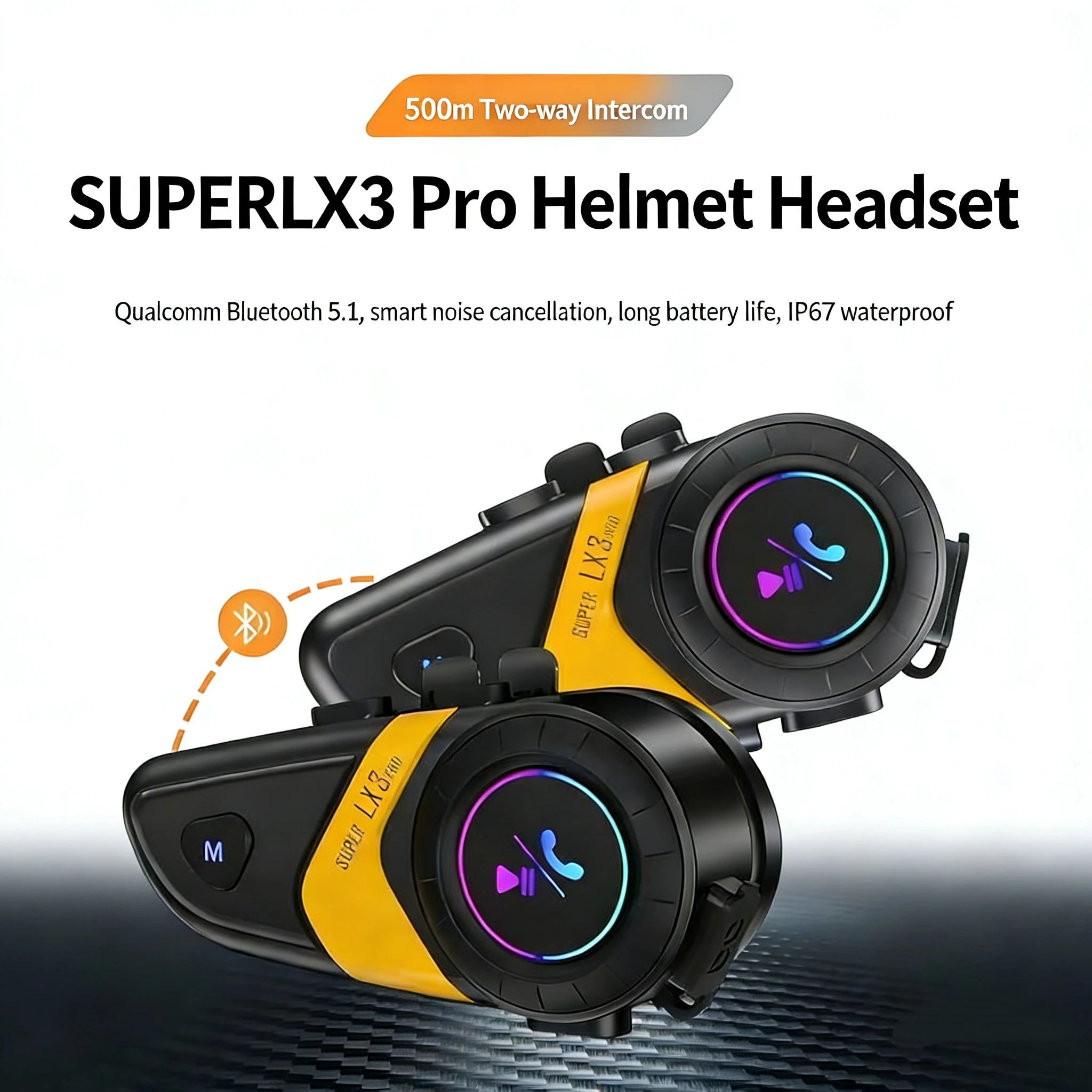 LX3Pro 2-Rider 500M Intercom Motorcycle Helmet Headset with Music Sharing, Compatible with Third-Party Brand Bluetooth Headsets