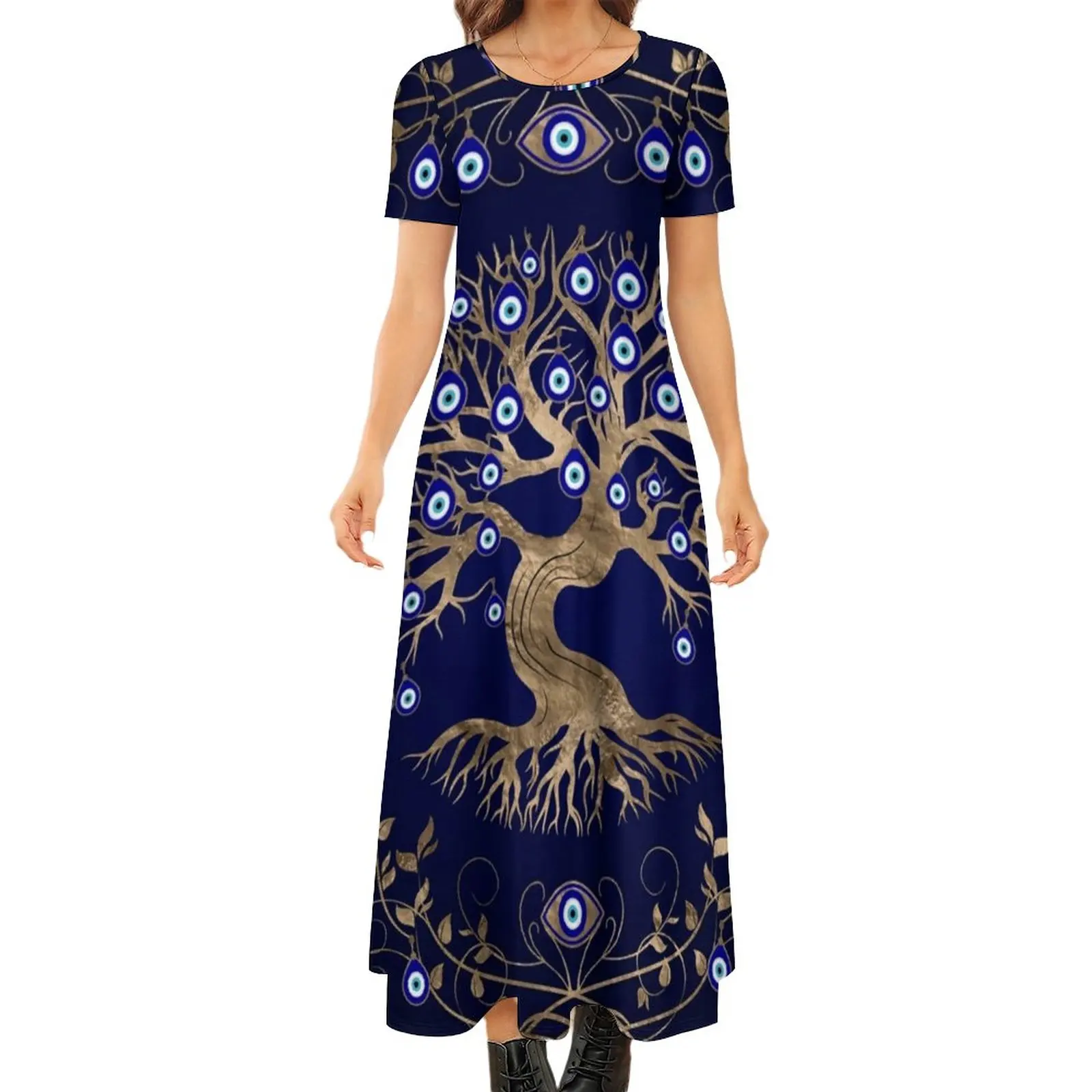 Tree of Life Evil Eye Dress Greek Amulet Elegant Maxi Dress Short Sleeve Street Wear Boho Beach Long Dresses Oversized Vestido