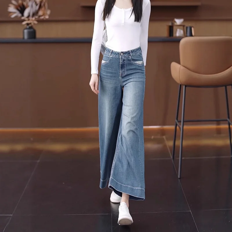 Jean droit ample pour femmes, pantalon d'automne taille haute amincissant à jambes larges, pantalon court drapé élégant et polyvalent