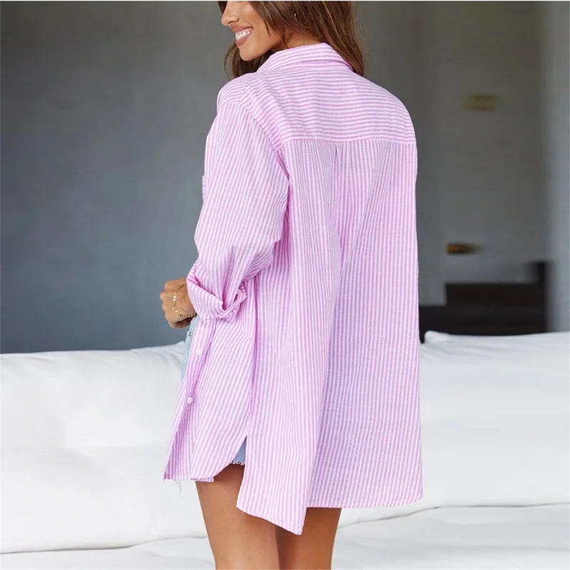 Summer Striped Long Sleeve Turn Down Collar Button Long Shirts Tops and Shorts Women Clothing Loose Casual Cotton Two Pieces Set