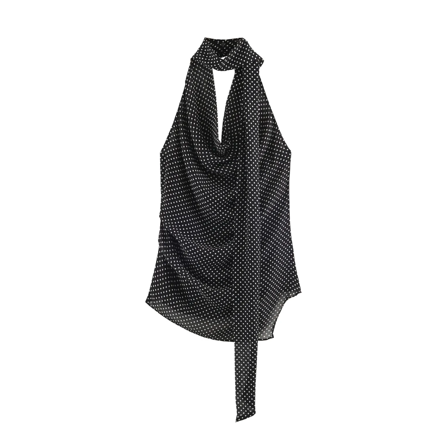 JNLEAOG Summer New Women's Fashion Polka Dot Neck Hanging Pleated Top And Pants Ensemble Casual Commute Style Polyester Fiber