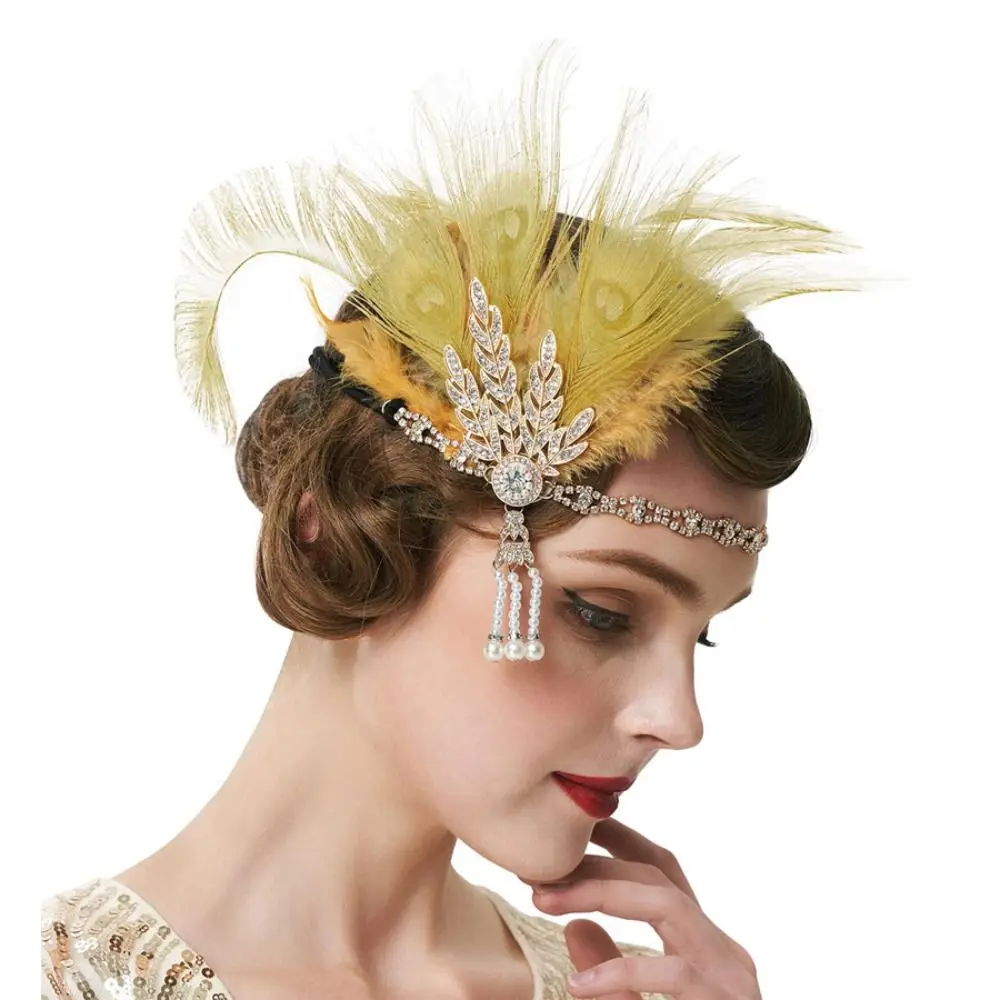 Trendy Vintage Feather Headband Elegant Diamond Masquerade Hair Band 1920s Makeup Party Cosplay Dress Headwear Girls