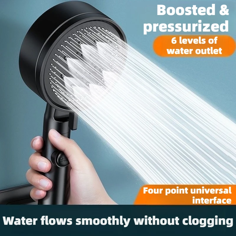 

Adjustable High Pressure Shower Head 6 Modes with Hose Water Saving One-Key Stop Spray Nozzle - Bathroom Shower Accessories