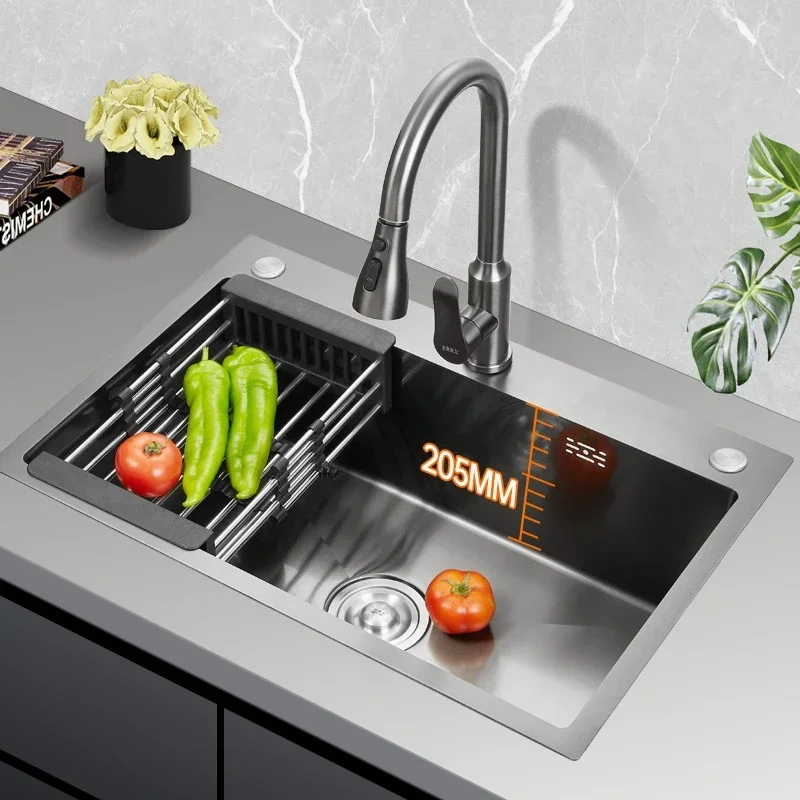 

Multifunction Large Single Slot Vegetable Wash Basin 304 Nano Stainless Steel Kitchen Sink With Kitchen Faucet Drain Accessories