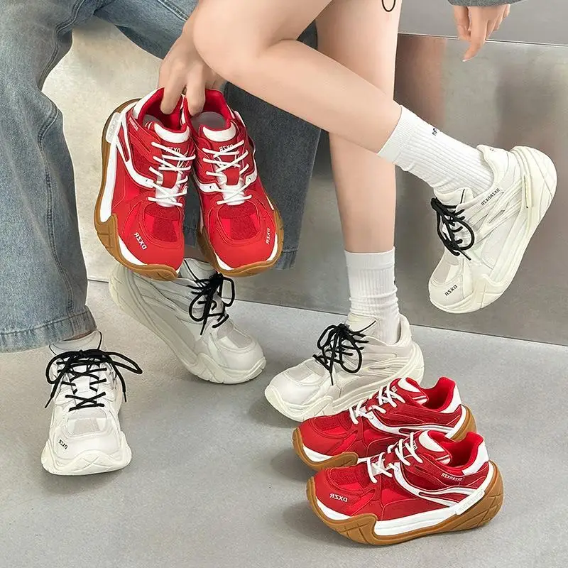 

Thick Bottomed Genuine Leather Red Sneakers for Women Retro Versatile Sports Shoes Couples Trendy Flat Heel Breathable Casual