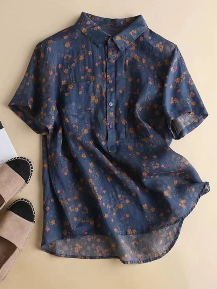 Retro bloemen linnen ort Sve casual katoen linnen dames irt kraag knoopdetail losse pasvorm zomer