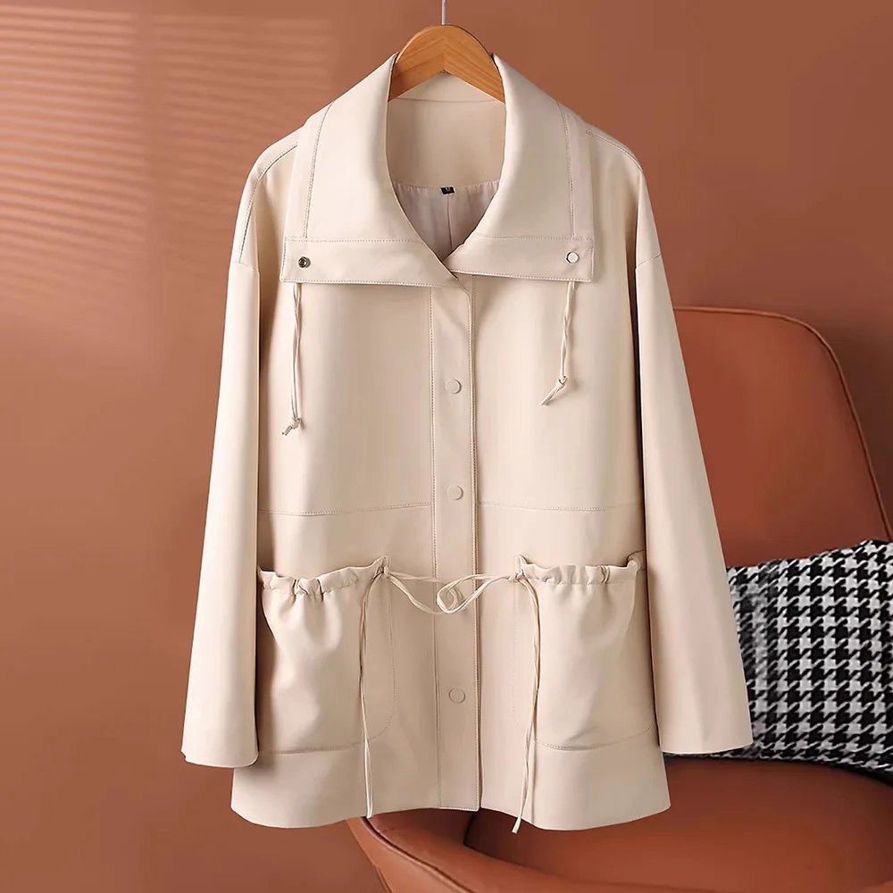 

New Women Split Leather Coat Spring Autumn Fashion Turn-down Collar Long Sleeve Drawstring Loose Coat Casual Daily Jacket