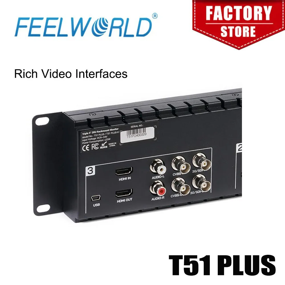 شاشة FEELWORLD T51 PLUS ثلاثية 5.5 بوصة 2RU Rackmount عالية الدقة 3G-SDI 4KHDMI AV مدخل ومخرجات 1920x1080 شاشة تثبيت على الرف