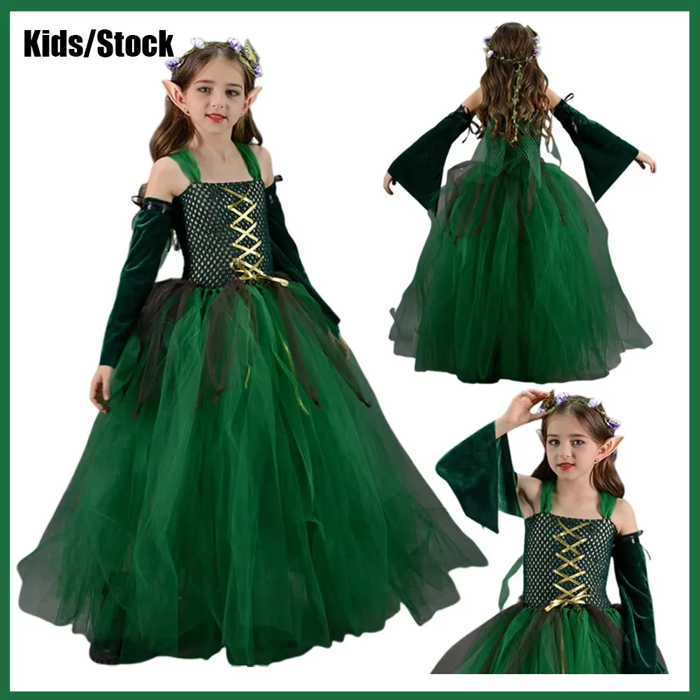 Kids Girls Elf Cosplay Tutu Dance Skirts Costume Children Roleplay Dress Up Performence Stage Dress Elf Earrings Halloween Cloth