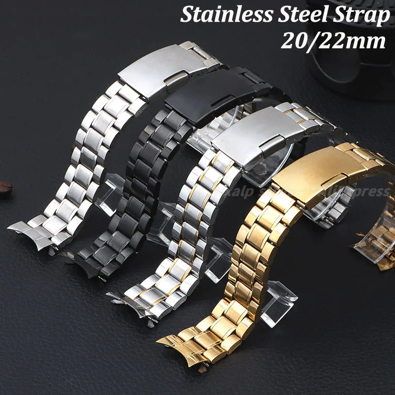 20mm 22mm Stainless Steel Strap Curved End Metal Bracelet for Seiko for Rolex Folding Buckle Universal Replacement Watch Band