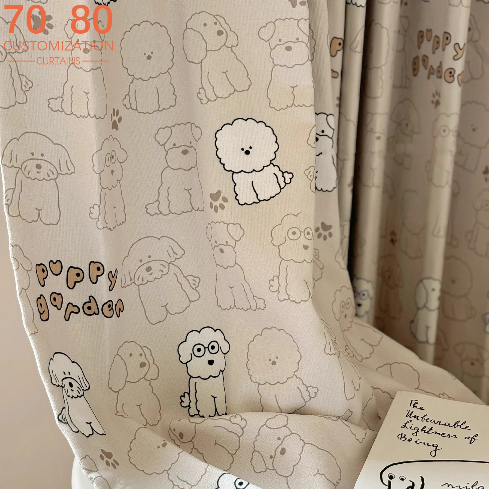 Cute Puppy Milk Tea Color Printing Children's Room Curtains for Living Room Bedroom French Window Balcony Customized