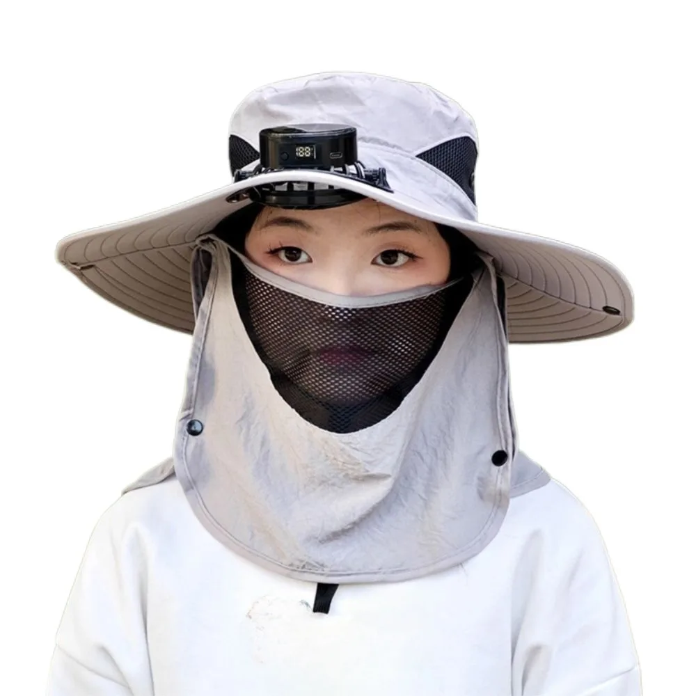 

Digital Display Screen Sun Hat with Solar Fan Neck Protection Solar/USB Charging Face Cover Bucket Hat Breathable Mesh Foldable