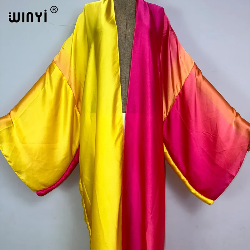 WINYI-Mulheres Boho Gradiente Impressão Quimono, Cardigã, Maxi Roupa de Praia, Solto Vestido Longo, Cobrir Swimwear, Kaftan