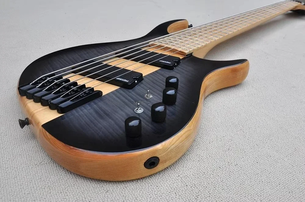 Black 6 Strings Electric Bass Guitar Neck Through Body Bass Fanned Fret Bass