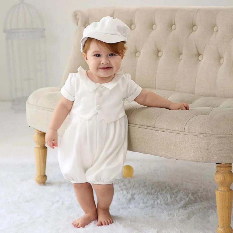 

0-2 Years Baby Boys Christening Clothes Infant Toddler White Birthday Outfits with Hat 2pcs Baptism Clothing Set