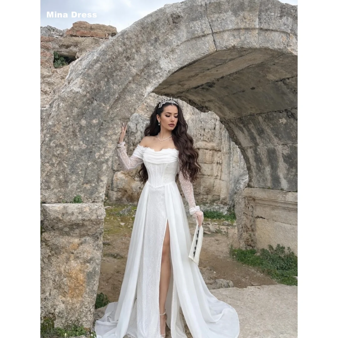 

Mina Customized White Elegant Party Dresses Lace Best Selling Dresses Slit One Shoulder Long Sleeves Luxury Party Dress