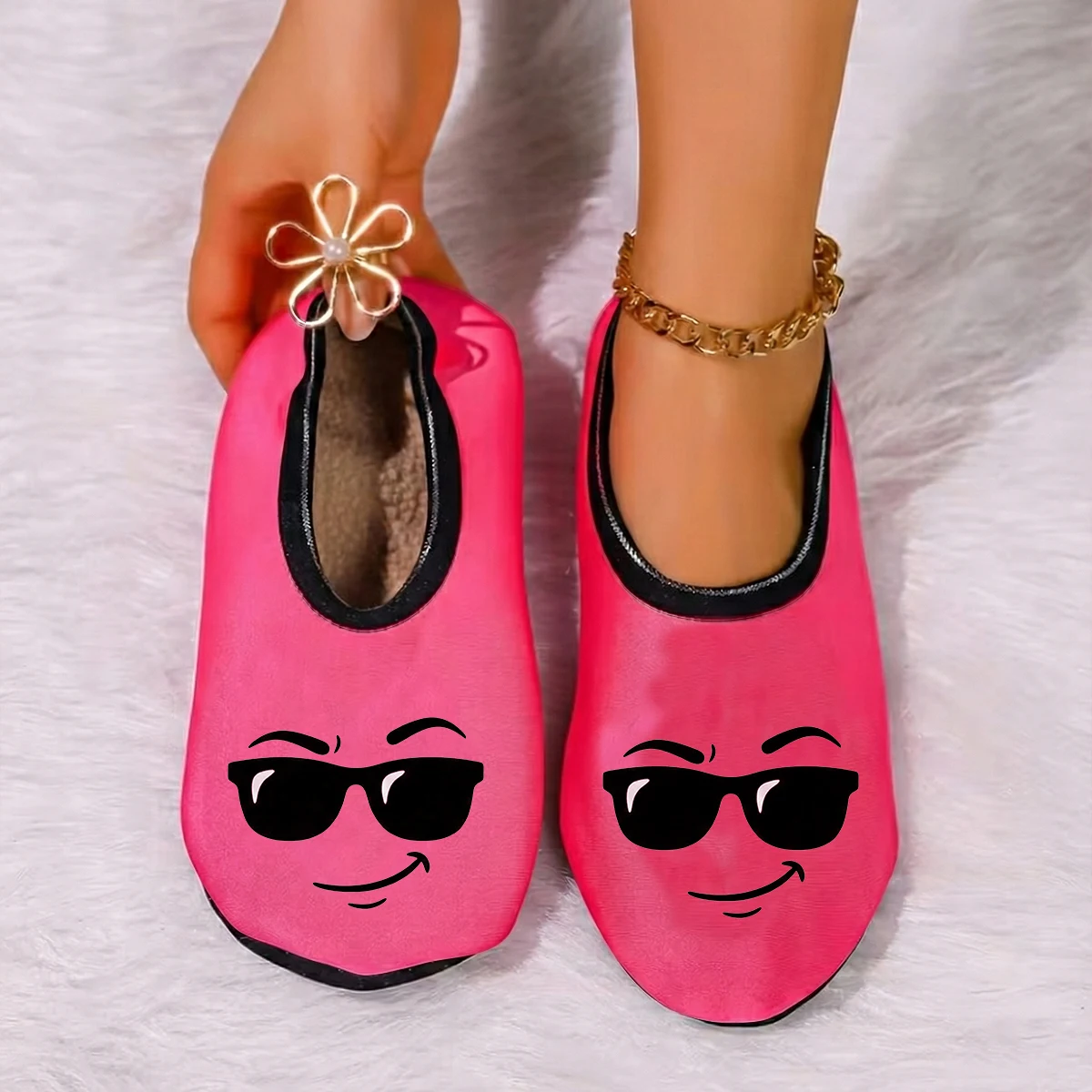 Ladies' handsome sunglasses suitable for all seasons, printed suede breathable high elasticity indoor anti slip floor slippers