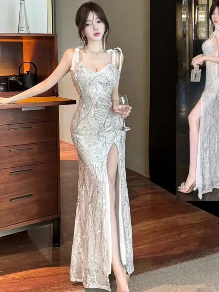 

Summer Fashion Silver Sequin Sexy Elegant Backless Lace-up Split Slip Dress Women V Collar Sleeveless Party Evening Long Dresses