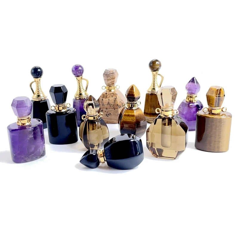 Natural Stone Irregular perfume Bottle Amethyst Tiger Eye Crystal Essential Oil Diffuser Pendant for Men and Women Lucky Jewelry