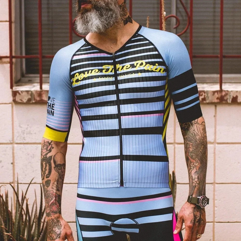 Love The Pain Mens Cycling Skinsuit Triathlon Outfit Summer Short Bike Cycling Jersey Set Mtb Bicycle Clothes Suit Ropa Ciclsimo