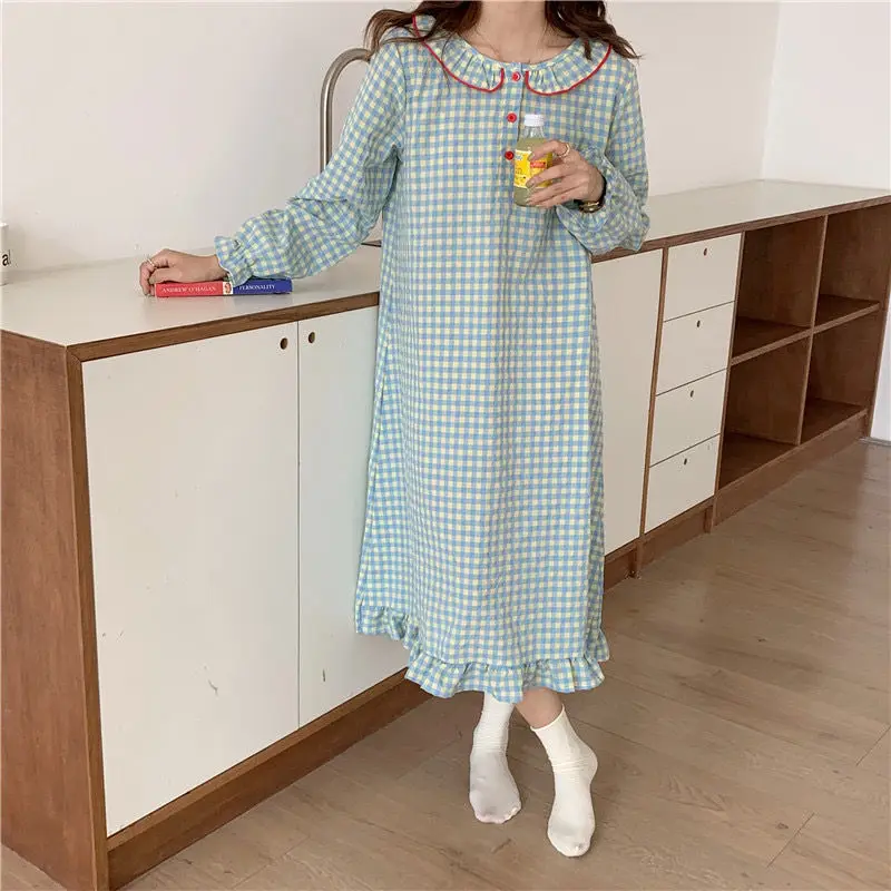 Plaid Women Nightgown Ruffles Sleepwear Korean Style Nightwear Autumn Peter Pan Collar Sleeping One Piece Pajamas Night Dress