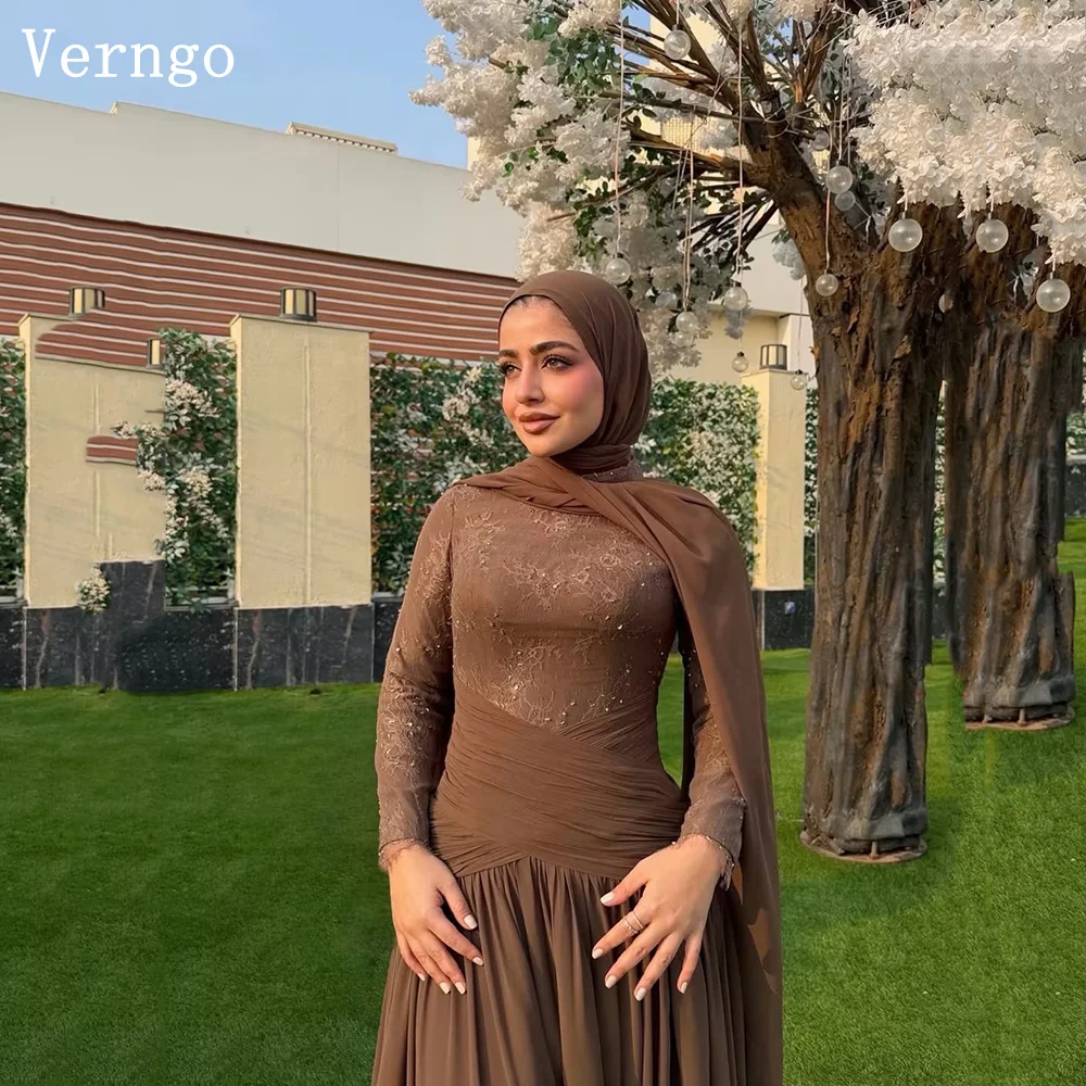 

Verngo Modest Brown Lace Evening Dress O Neck Full Sleeves A Line Prom Gowns Women Mulism Prom Party Gown Customized