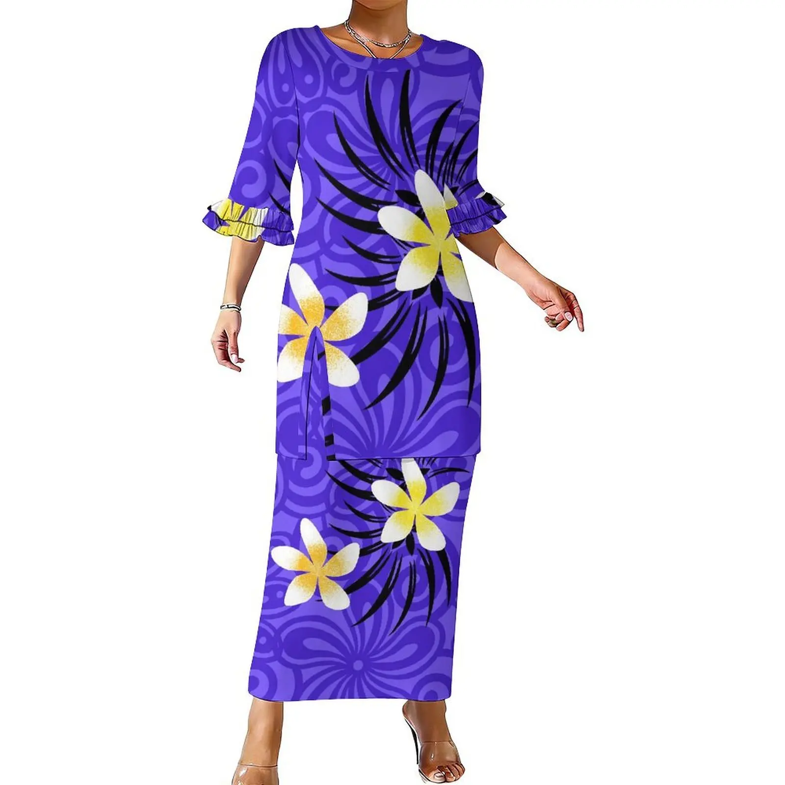 

Высококачественный женский полинезийский костюм-платье пулетаси с цветочным принтом, круглым вырезом, двойными плиссированными рукавами и приталенной талией
