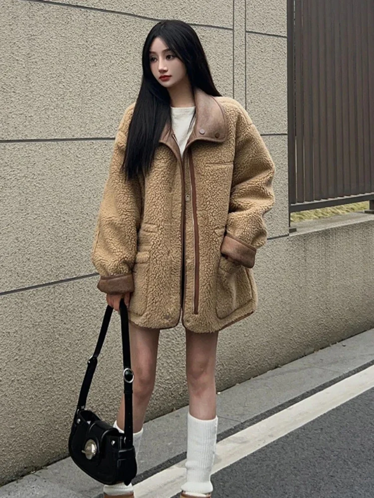 American Streetwear Jacket Lamb Wool Two Sides Wear Design Pockets Draw String Coat for Women Winter Vintage Loose 2024 Clothing