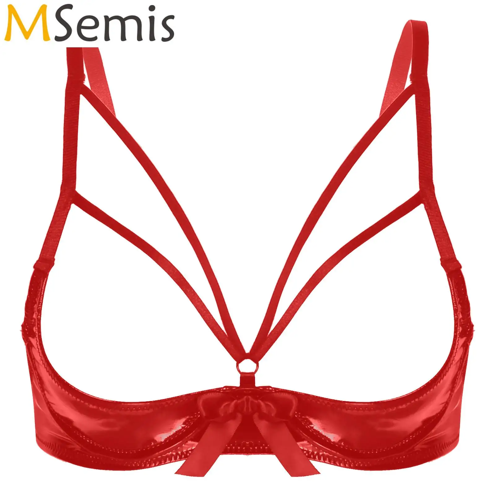 Women Strappy Open Cup Patent Leather Bowknot Underwired Bra Tops Adjustable Shoulder Strap Brassiere Lingerie Underwear