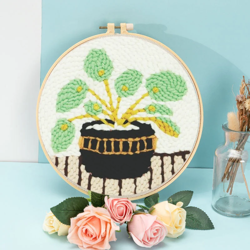 

RUOPOTY Punch Needle Embroidery DIY Potting Cross Stitch Hoop Craft Kits Handcraft Embroidery Home Decor