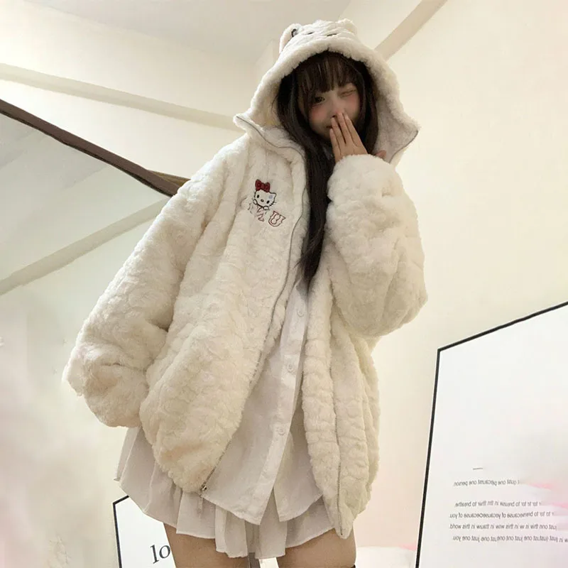 Cartoon Hello Kittys Plush Hooded Jacket Kawaii Lamb Fur Coat for Women Korean Loose Zipper Jacket Thick Warm Female Clothing