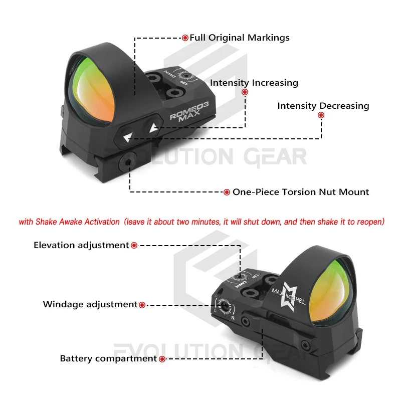 Imagem -02 - Visão Reflex Aberta 3moa Visão Vermelha Perfil Baixo Montagem de 20 mm para Caça Milspec Airsoft Engrenagem Evolution 1x30 mm Romeo3max