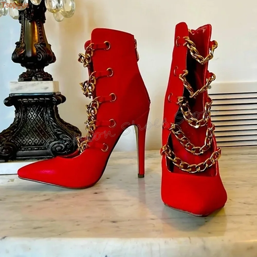 

Red Chain Decor Pointed Toe Boots Back Zipper Stilettos High Heels High Heel Shoes for Women Heels 2025 New Zapatos Para Mujere