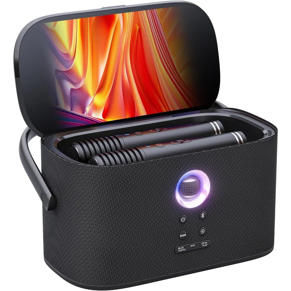 

Встроенный дисплей и экран с текстами текста, 2 беспроводных микрофона с самозарядкой, подключения к телевизору для домашнего караоке на открытом воздухе