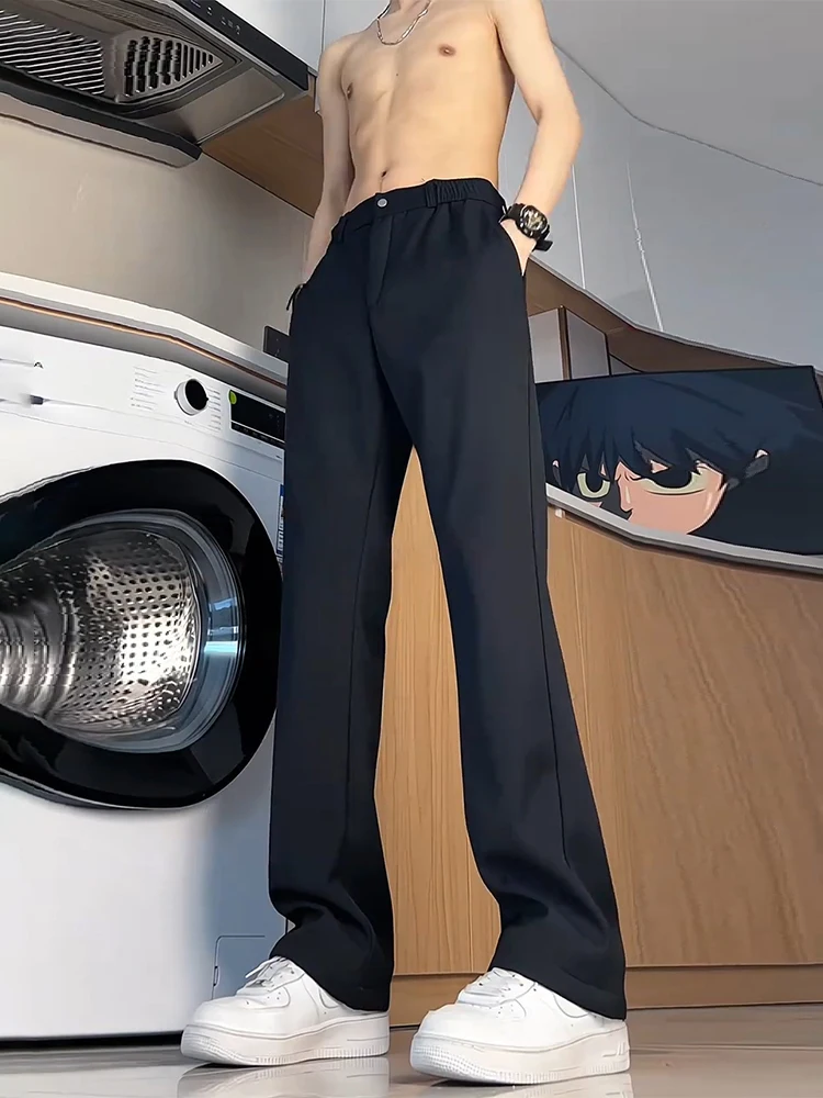 

Pure Black Ice Silk Straight Leg West Pants Drapey Casual Knife Flared Trousers Men's Summer Leisure Suit Pants