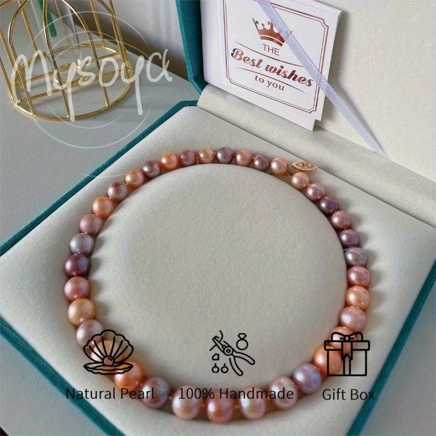 

MYSOYA 10-13mm Premium Pink Purple Candy Freshwater Pearl Necklace Gift Box Unisex Jewelry Perfect For Wedding Birthday New Year