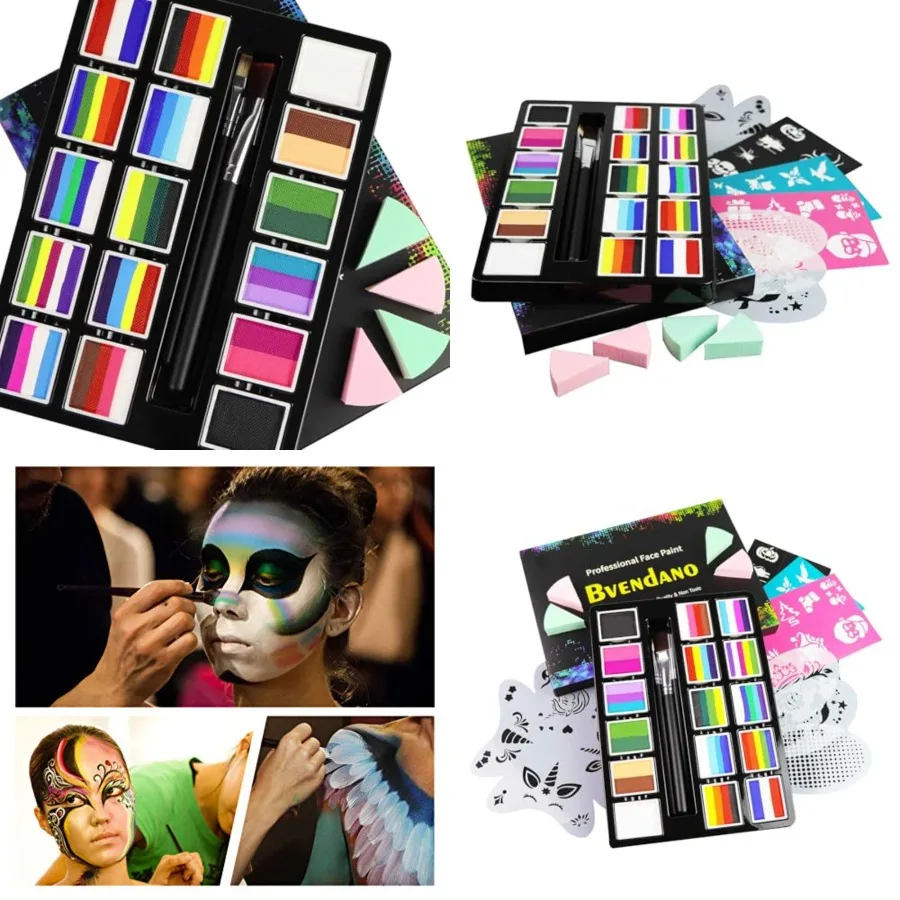 

Набор профессиональных красок для лица 16x10 г для взрослых с трафаретами, на водной основе, палитра One Stroke Split Cake