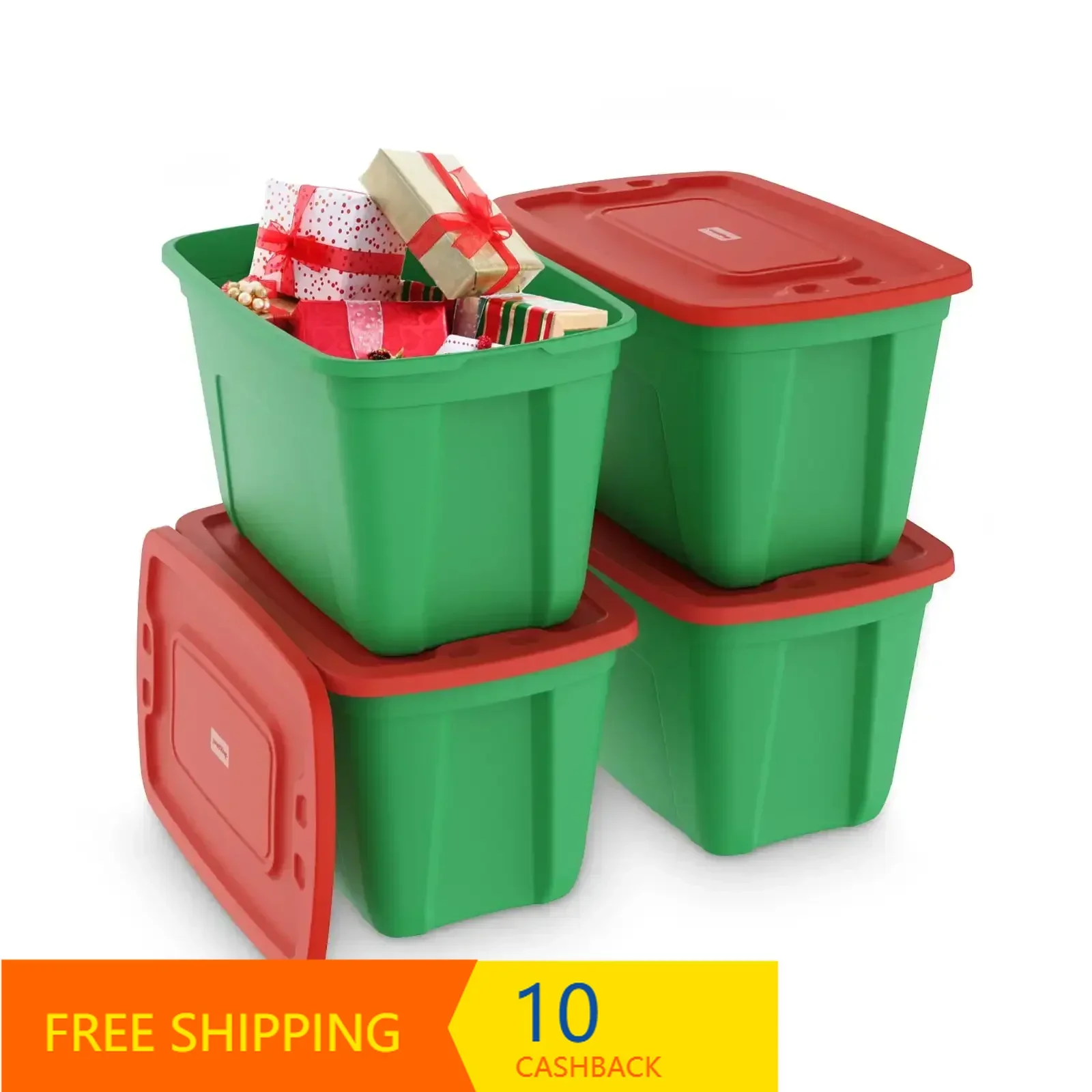 

4 Pack 18 Gallon Christmas Storage Bins with Lids, Stackable Totes, Rugged Tubs, Garage Organization