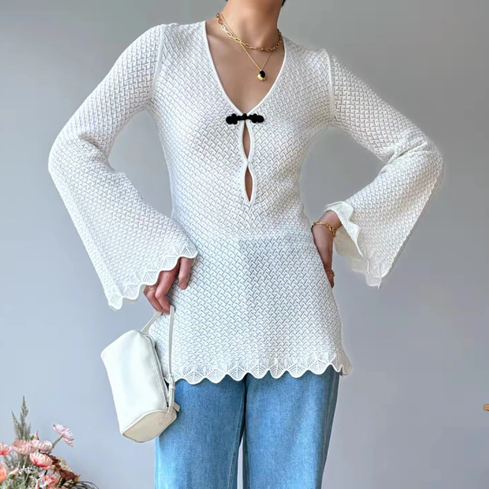 Bawełniana sukienka damska Y2k Chinese Plate Button Hollow Out Weaving Fashion Commuter V-Neck Flared Sleeve Knit Dress 2024 Summer