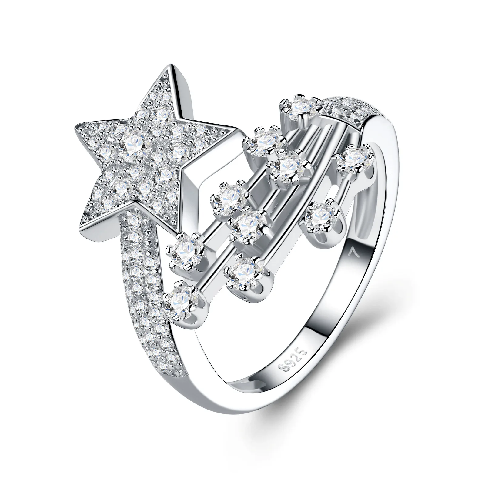 Luxuriöser Feinschmuck Minimalistischer Sternschnuppen-Moissanit-Ring 925 Silber Voll Besetzt mit Diamanten Damen Cocktail-Ring