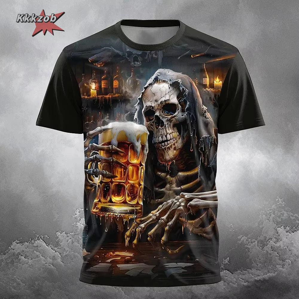Skull Beer 3D Printed Gothic Horror Skull Men's Printed T-Shirt Party Street Casual T-Shirt Short Sleeve Round Neck Shirt Tops
