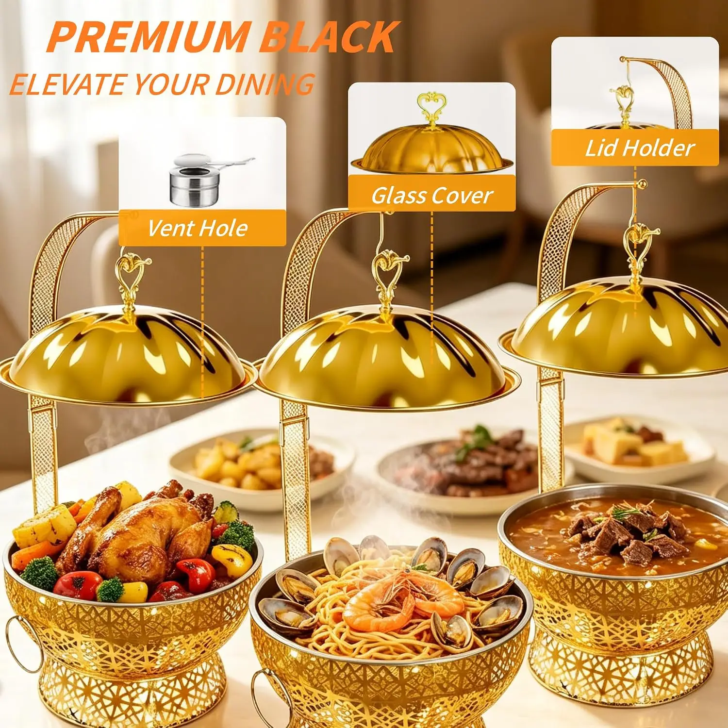 1/2Pack 8QT Gold Chafing Dishes for Buffet,Premium Food Heater Tray with Stand Hook for Lid, Ideal Catering Supplies Buffet Display, Chafers and Buffet Warmers Sets for Grand Parties