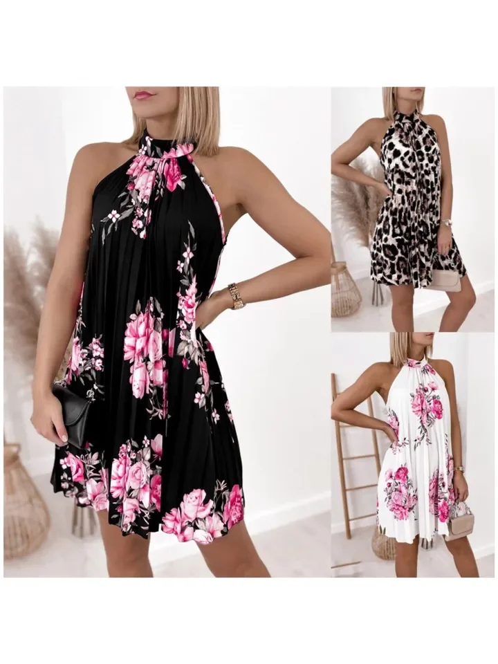 2023 Print Sleeveless Pleated Casual Sexy Off Shoulder Mini Dress Elegant Boho Beach Vestidosn Ms Chuh Summer Dresses For Women