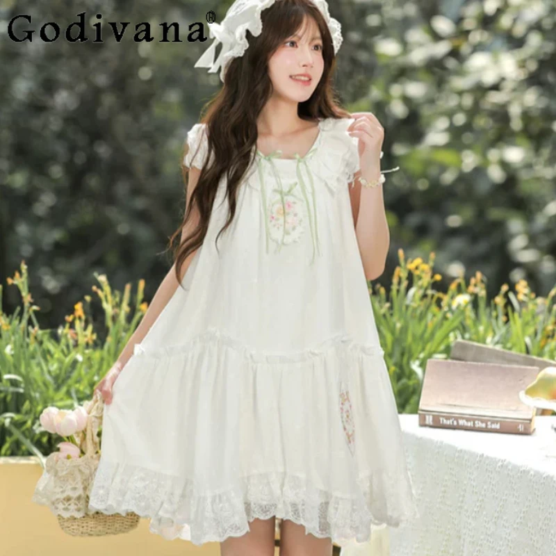 

Japanese Sweet Embroidery White Ruffles Crew Neck Dress Loose High Waist A-line Age Reduction Fairy Short Dresses Girl Summer
