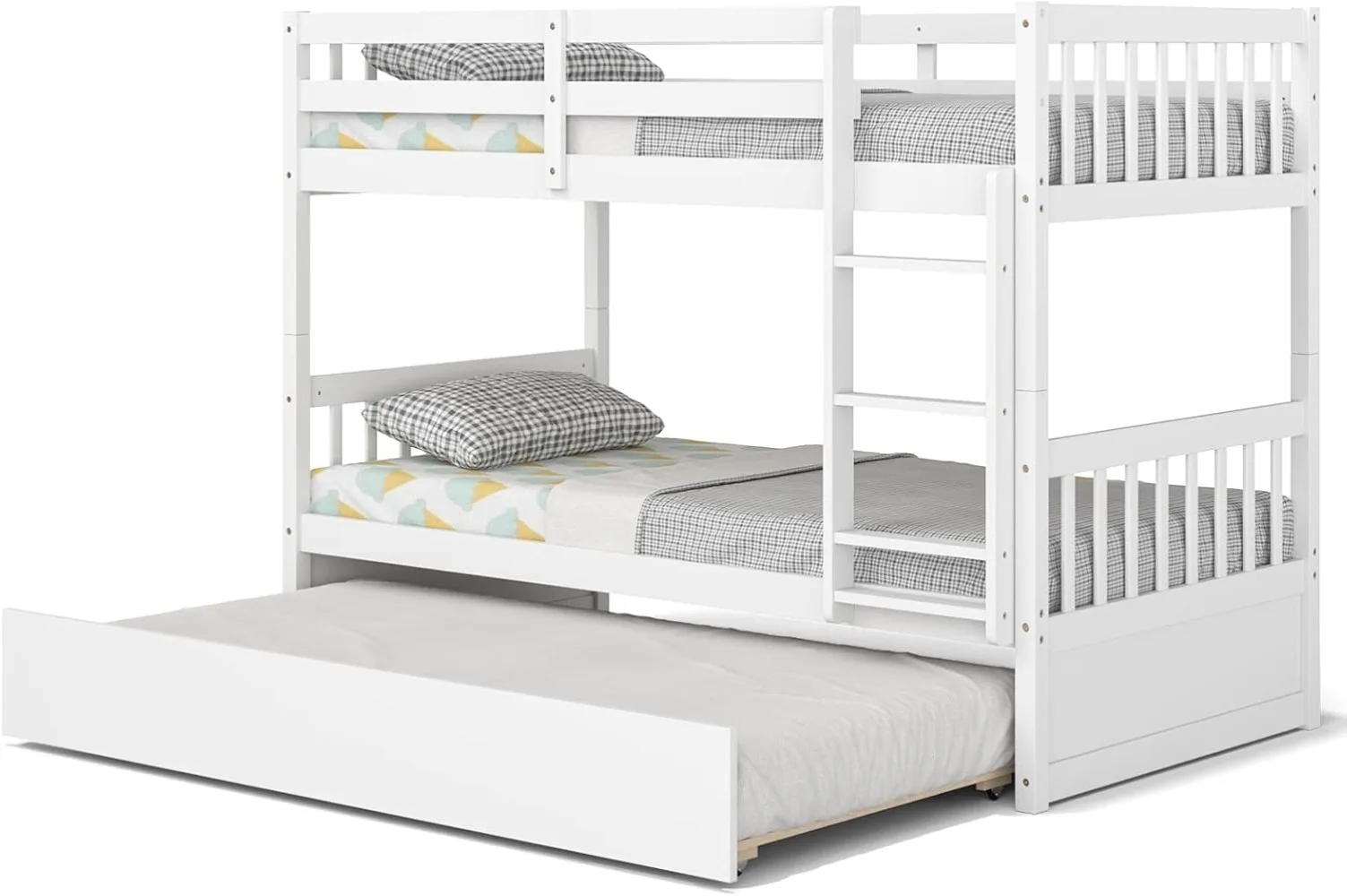 Wood Twin Over Twin Bunk Bed ， Solid Pine Wood Bunk Bed Frame with Ladder & Safety Guardrails, Space-Saving Convertible Bunk Bed