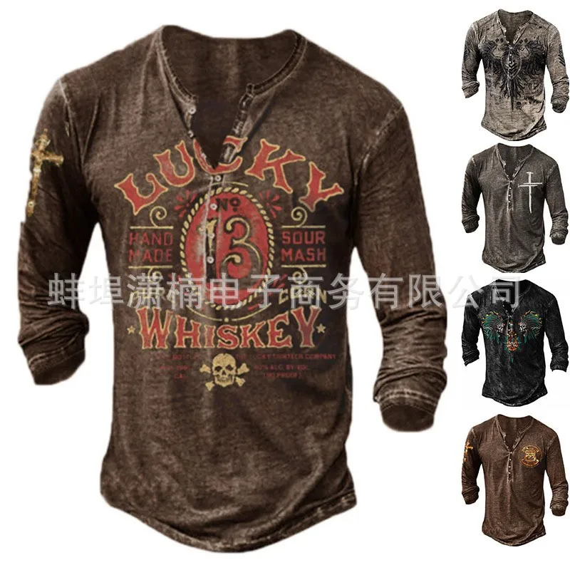Printed Large Size Slim Fit Collarless Casual Men's Long Sleeves