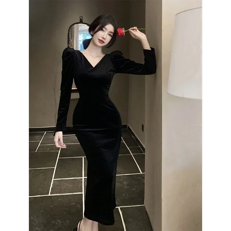 NMZM Luxury Black Evening Dress Fashion Dress Party Night Birthday Velvet Long Sleeve Dress Autumn Women's New Collection 2023