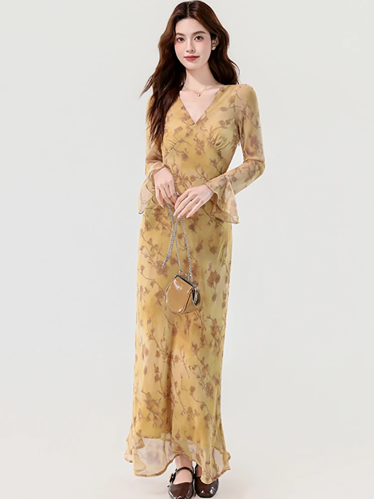 2025 Boho Floral Chiffon Long Sleeve V-Neck Dress Women Elegant Chic Ruffled Long Dress Autumn Korean Fashion Bodycon Prom Dress