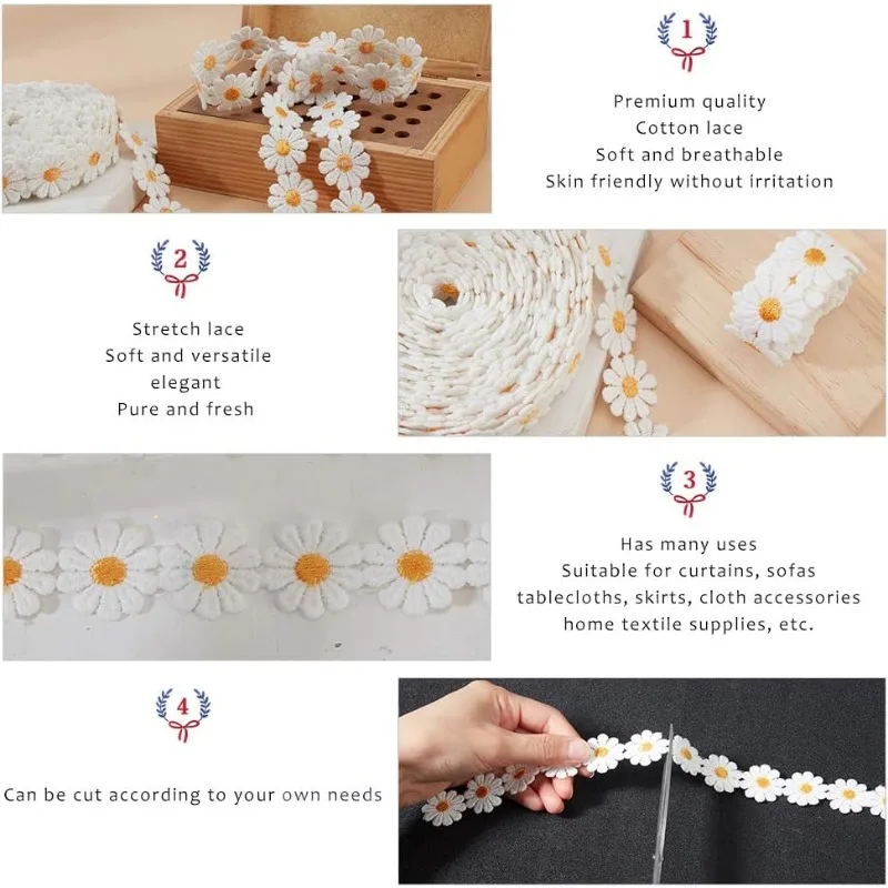 1 Roll 7 Yards Lace Daisy Flower Edging Trim Ribbon 1 inch Wide Polyester Flower Ribbon Appliques with Plastic Spool Sewing